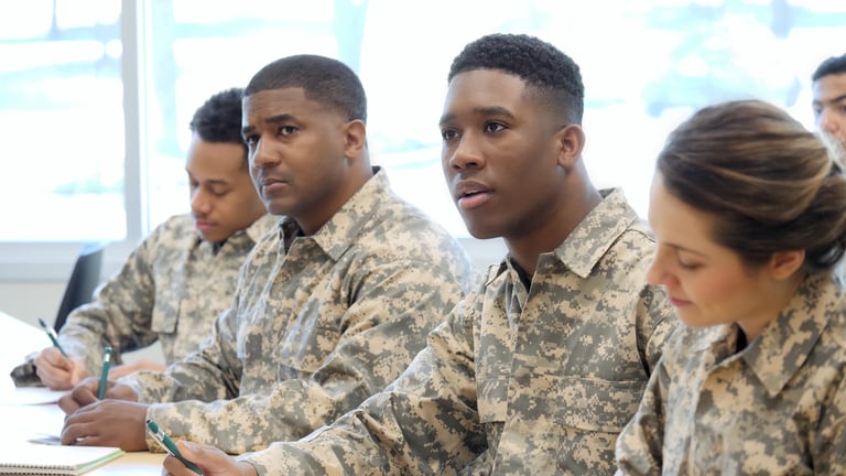 Military cadets sitting in classroom training session